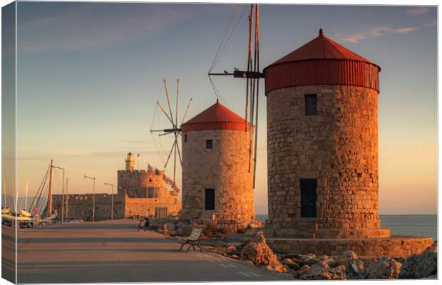Rhodes Windmills and Fort Path Side Canvas Print by Antony McAulay
