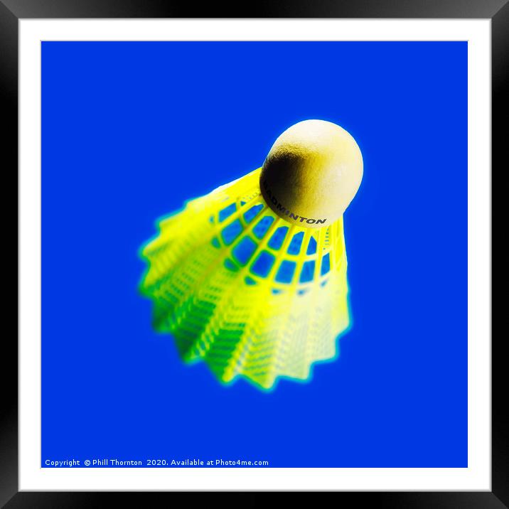 Abstract view of a badminton shuttlecock on blue Framed Mounted Print by Phill Thornton