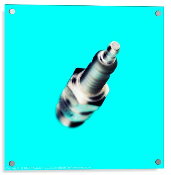 Abstract view of a spark plug on light blue Acrylic by Phill Thornton