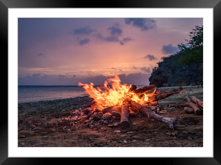 A fantastic sunset at the beach with a bonfire and Framed Mounted Print by Gail Johnson