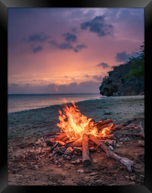 A fantastic sunset at the beach with a bonfire and Framed Print by Gail Johnson