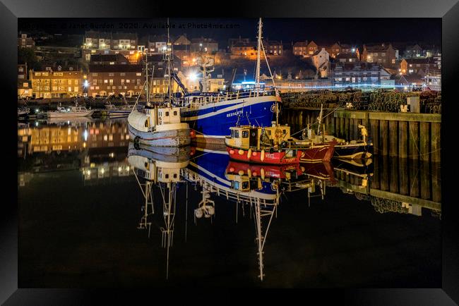 Whitby harbour at night Framed Print by Janet Burdon