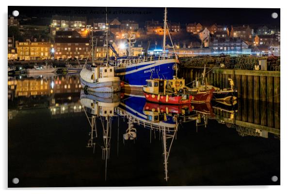 Whitby harbour at night Acrylic by Janet Burdon