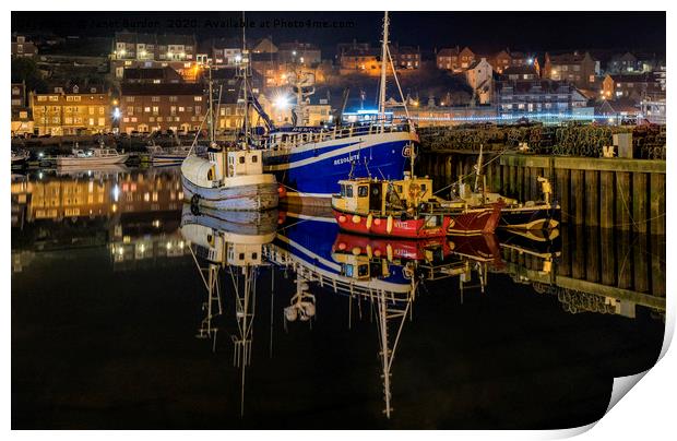 Whitby harbour at night Print by Janet Burdon