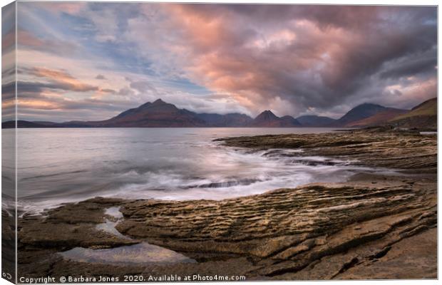Cuillin View at Sunset Elgol Isle of Skye Scotland Canvas Print by Barbara Jones
