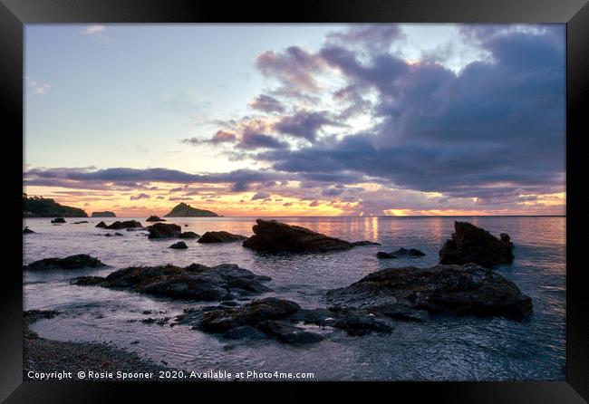 Rocky Sunrise at Meadfoot Beach Framed Print by Rosie Spooner