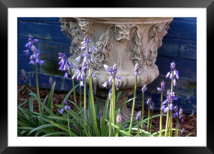 Bluebells and Decorative Urn with artistic filter. Framed Mounted Print by Jim Jones