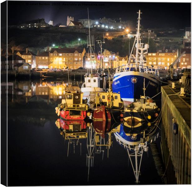 Whitby Harbour At Night Canvas Print by Janet Burdon