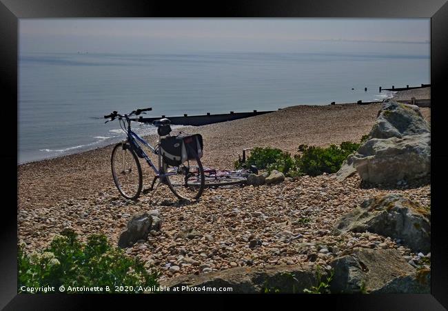 Bicycles on the shingle beach Framed Print by Antoinette B