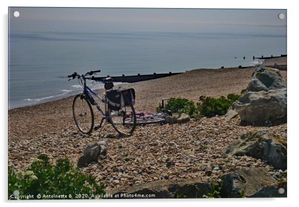 Bicycles on the shingle beach Acrylic by Antoinette B