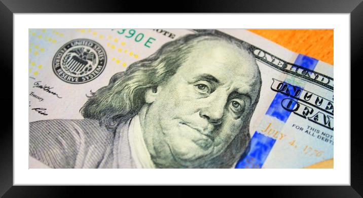Macro shot of hundred dollar bill Framed Mounted Print by M. J. Photography