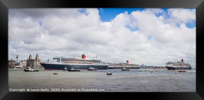 Queen Mary 2 leaving the Cunard 175 celebration Framed Print by Jason Wells
