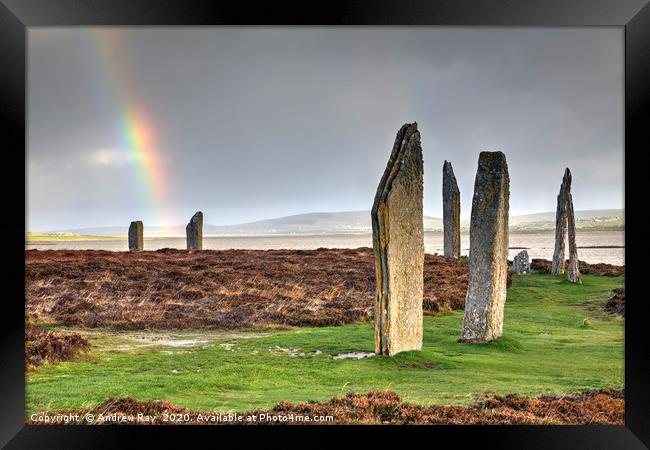 Rainbow over Ring of Brodgar Framed Print by Andrew Ray