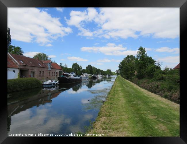 Canal De la Somme at Cappy Marina             Framed Print by Ann Biddlecombe