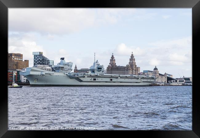 HMS Prince of Wales in front of the Liverpool wate Framed Print by Jason Wells