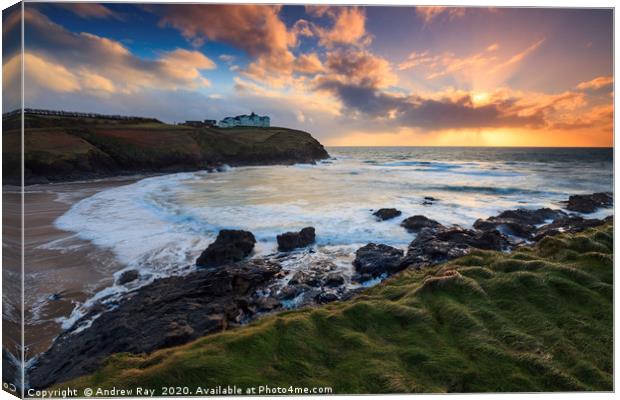 Setting Sun at Poldhu Cove Canvas Print by Andrew Ray