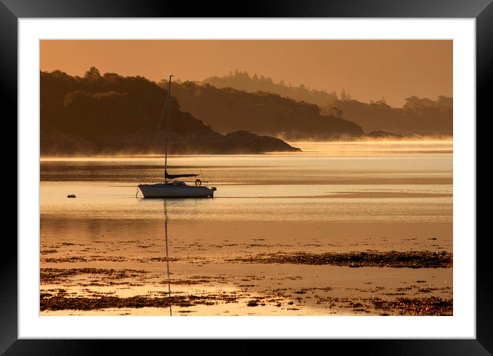 Yacht at sunrise on Loch Sunart Framed Mounted Print by Derek Beattie