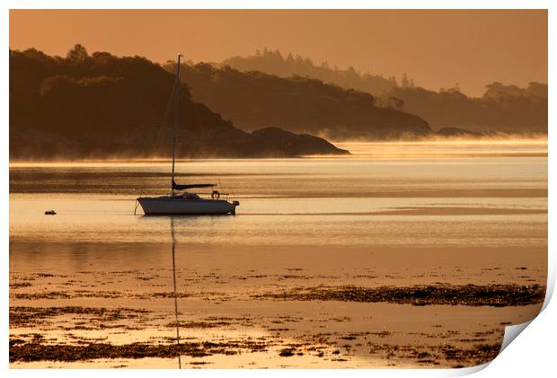 Yacht at sunrise on Loch Sunart Print by Derek Beattie