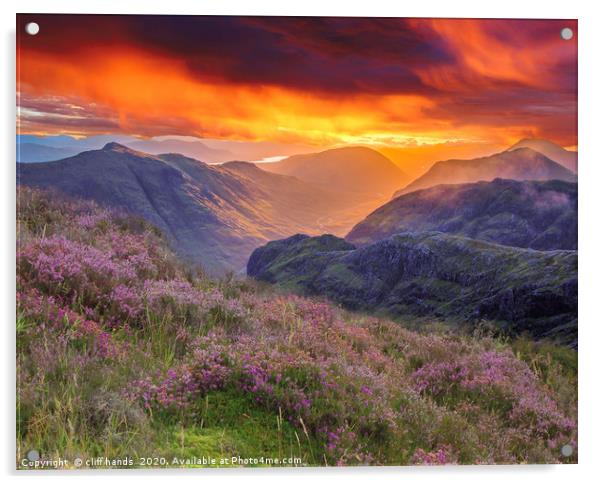 Glencoe mountains at sunrise, Highlands, scotland. Acrylic by Scotland's Scenery