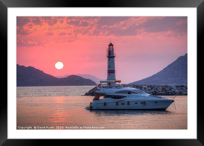 Lighthouse And Yacht Sunset    Framed Mounted Print by David Pyatt