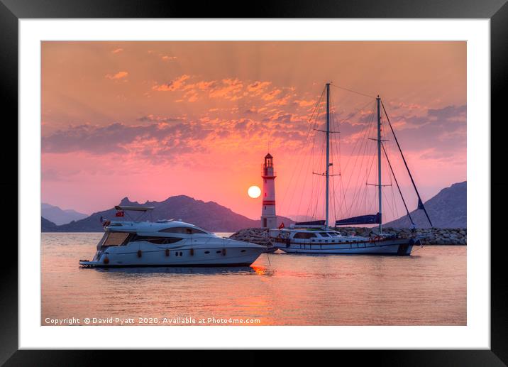 Lighthouse And Yacht Sunset Framed Mounted Print by David Pyatt