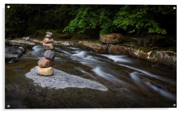 Stone stacking on the Afon Twrch Acrylic by Leighton Collins