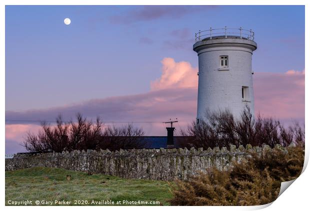 Nash Point Lighthouse and moon Print by Gary Parker