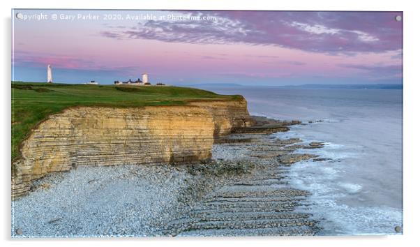 Nash Point lighthouse, south Wales, at sunset.  Acrylic by Gary Parker