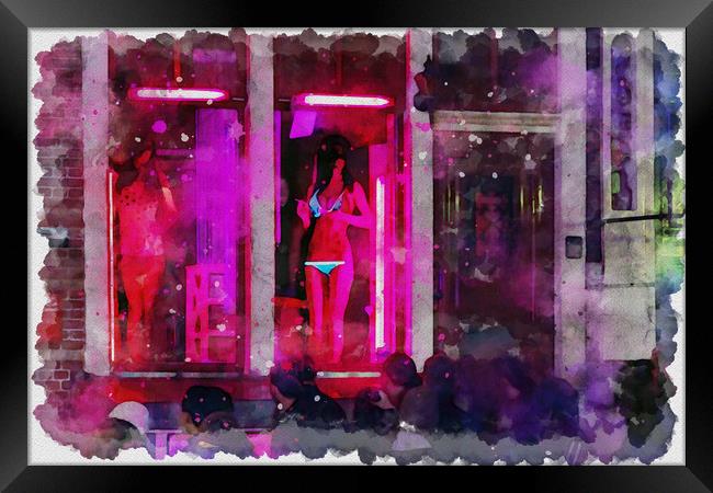 Amsterdam red light district street watercolor pai Framed Print by Ankor Light