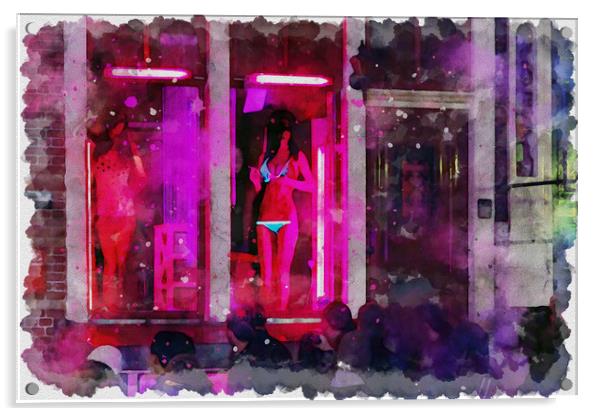 Amsterdam red light district street watercolor pai Acrylic by Ankor Light