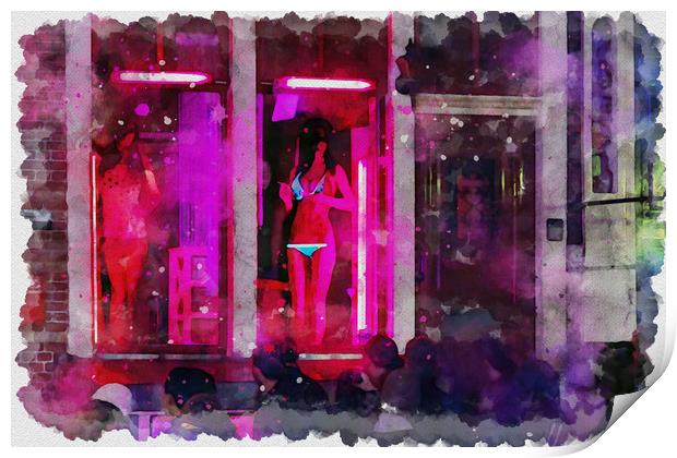 Amsterdam red light district street watercolor pai Print by Ankor Light