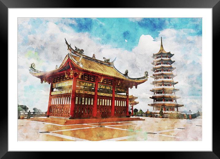Watercolor of a red chinese pagoda or temple at hi Framed Mounted Print by Ankor Light