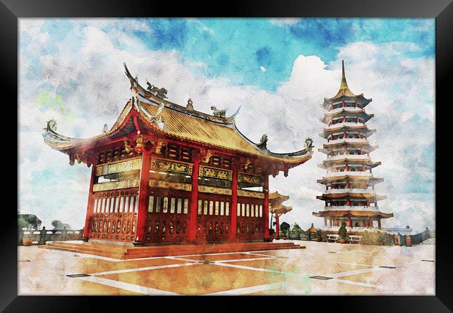 Watercolor of a red chinese pagoda or temple at hi Framed Print by Ankor Light
