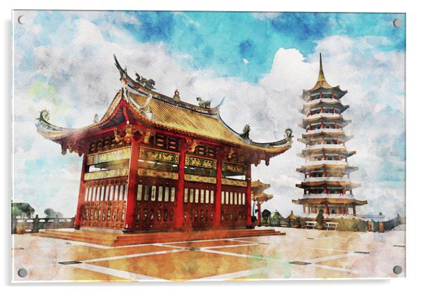 Watercolor of a red chinese pagoda or temple at hi Acrylic by Ankor Light