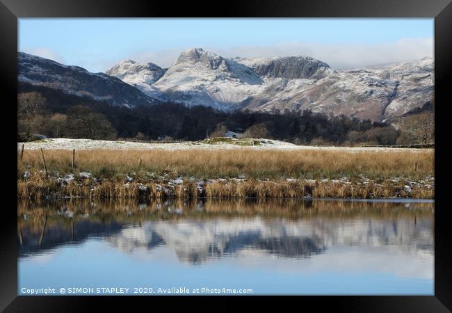 WINTER LANGDALE PIKES Framed Print by SIMON STAPLEY