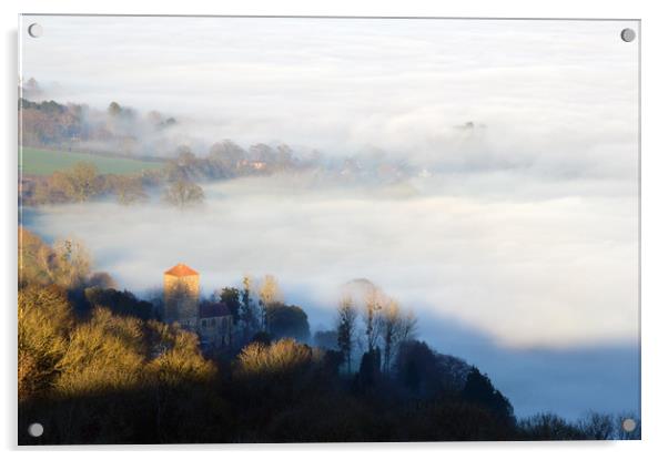 Looking down on Little Malvern Priory on a misty w Acrylic by David Wall