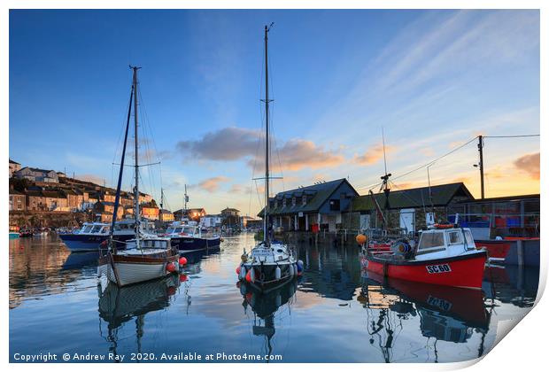 Boats at Sunrise (Mevagissey) Print by Andrew Ray