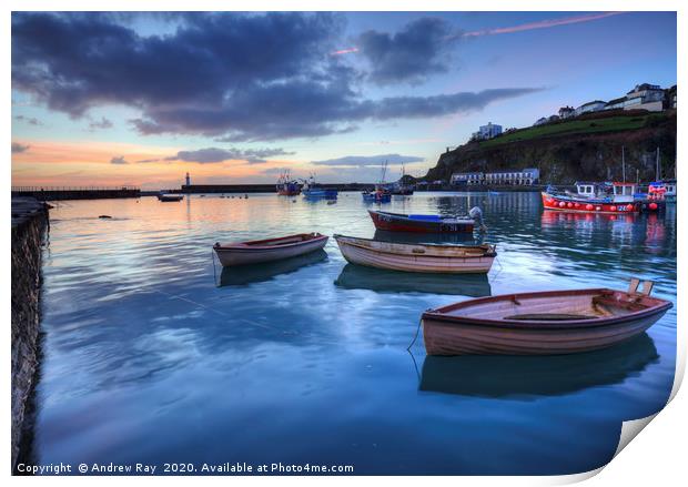 Mevagissey Outer Harbour at Sunrise Print by Andrew Ray