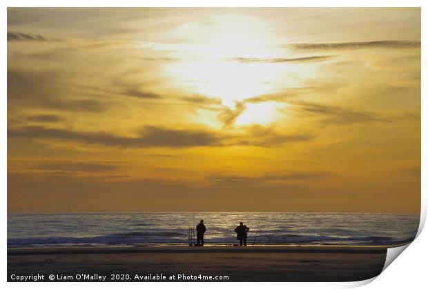 Fishing as the Sun Sets on Hoylake Beach Print by Liam Neon