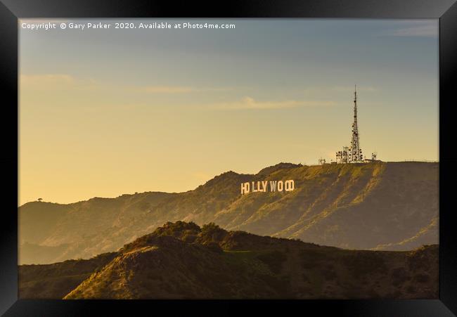Sunset over the Hollywood Sign, Los Angeles. Framed Print by Gary Parker