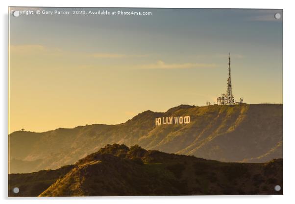 Sunset over the Hollywood Sign, Los Angeles. Acrylic by Gary Parker