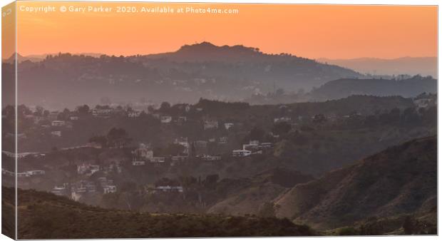 Sunset over the Hollywood Hills, Los Angeles. Canvas Print by Gary Parker