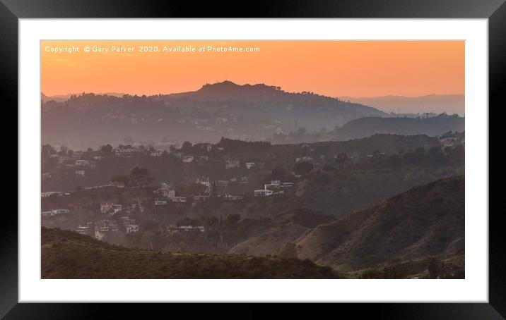 Sunset over the Hollywood Hills, Los Angeles. Framed Mounted Print by Gary Parker