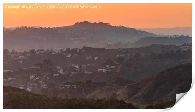 Sunset over the Hollywood Hills, Los Angeles. Print by Gary Parker