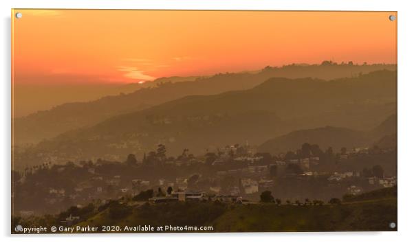 Sunset over the Hollywood Hills, Los Angeles.  Acrylic by Gary Parker