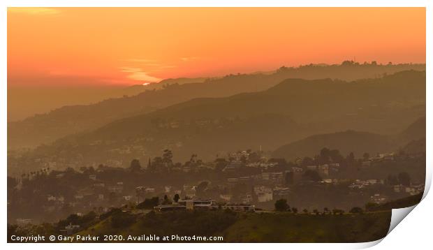 Sunset over the Hollywood Hills, Los Angeles.  Print by Gary Parker