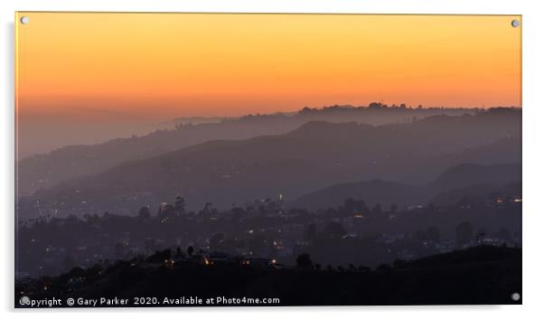 Sunset over the Hollywood Hills, Los Angeles.  Acrylic by Gary Parker