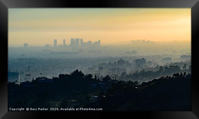 View of downtown Los Angeles, at sunset.	 Framed Print by Gary Parker