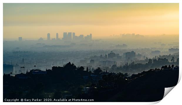 View of downtown Los Angeles, at sunset.	 Print by Gary Parker