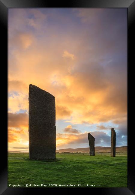 Sunrise at Stones of Stenness Framed Print by Andrew Ray